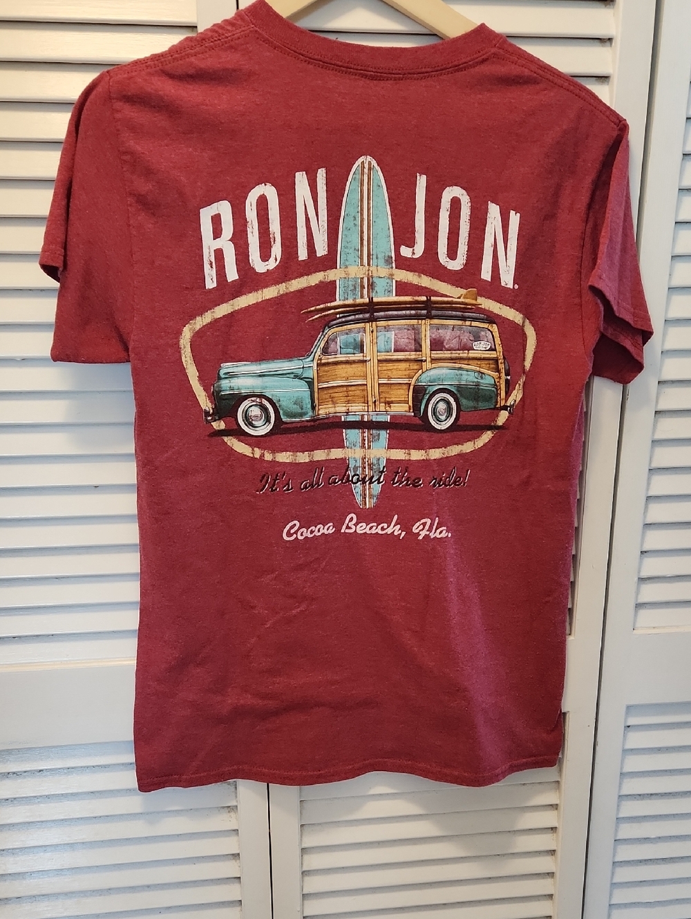 Ron Jon Red Surf Wagon Graphic Tee with Teal & Wood Accents